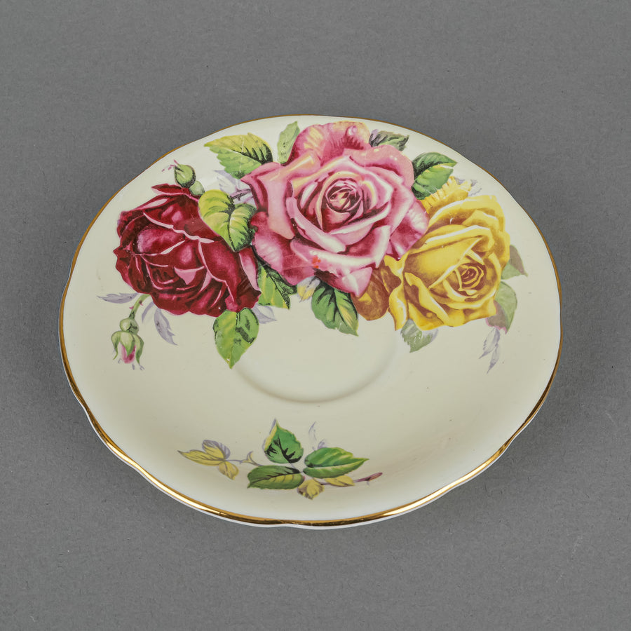 AYNSLEY Cup & Saucer 1100/5 Hand Painted Cabbage Roses, Cream Ground