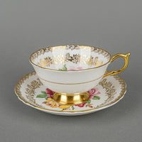 PARAGON Cup & Saucer A125D Hand Painted Cabbage Roses, Gold Garland