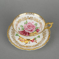 PARAGON Cup & Saucer A125D Hand Painted Cabbage Roses, Gold Garland