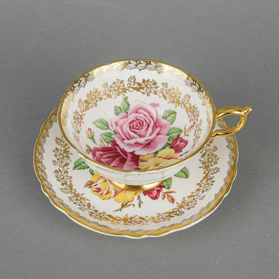 PARAGON Cup & Saucer A125D Hand Painted Cabbage Roses, Gold Garland