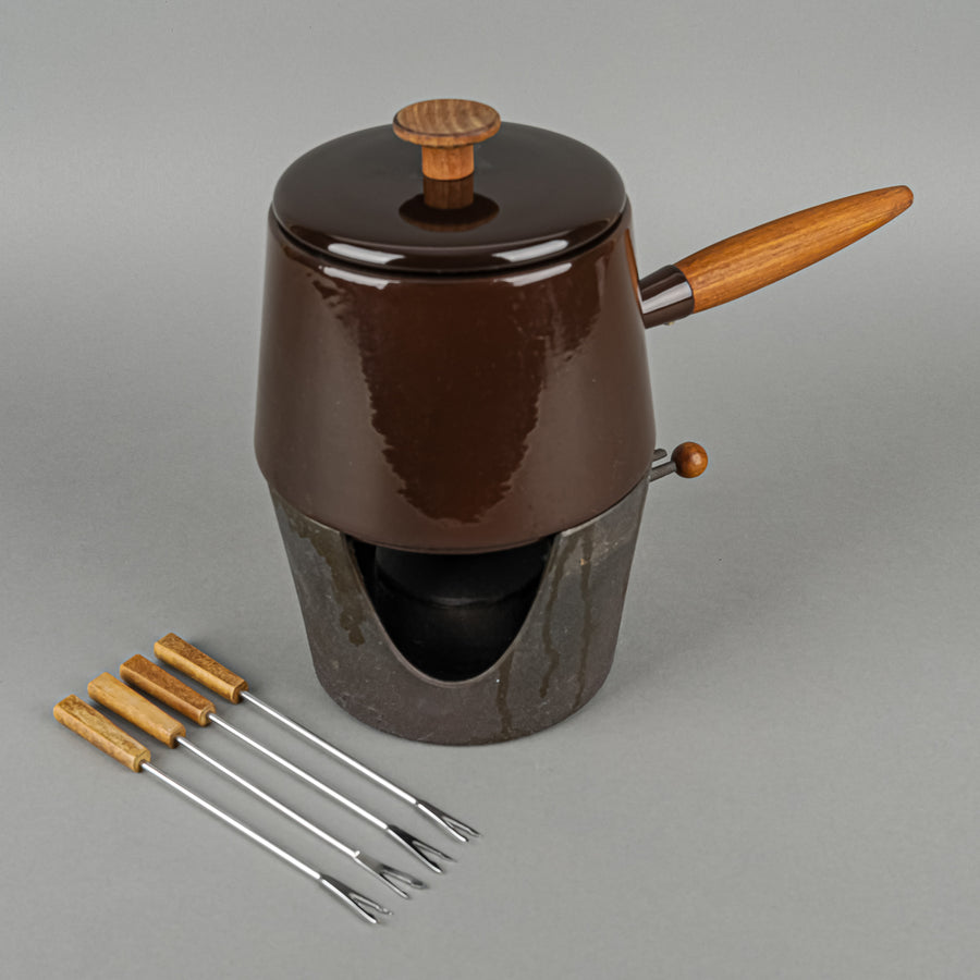 COPCO Enamel Fondue Pot w/Cast Iron Stand & Stainless Steel Forks (4)