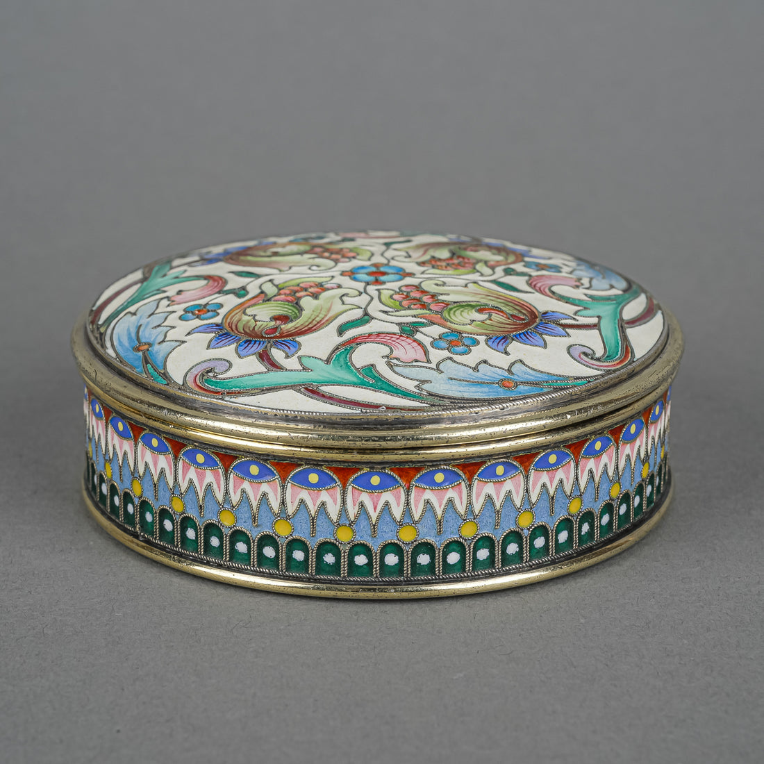 Russian Enamel Vermeil Sterling Round Covered Box