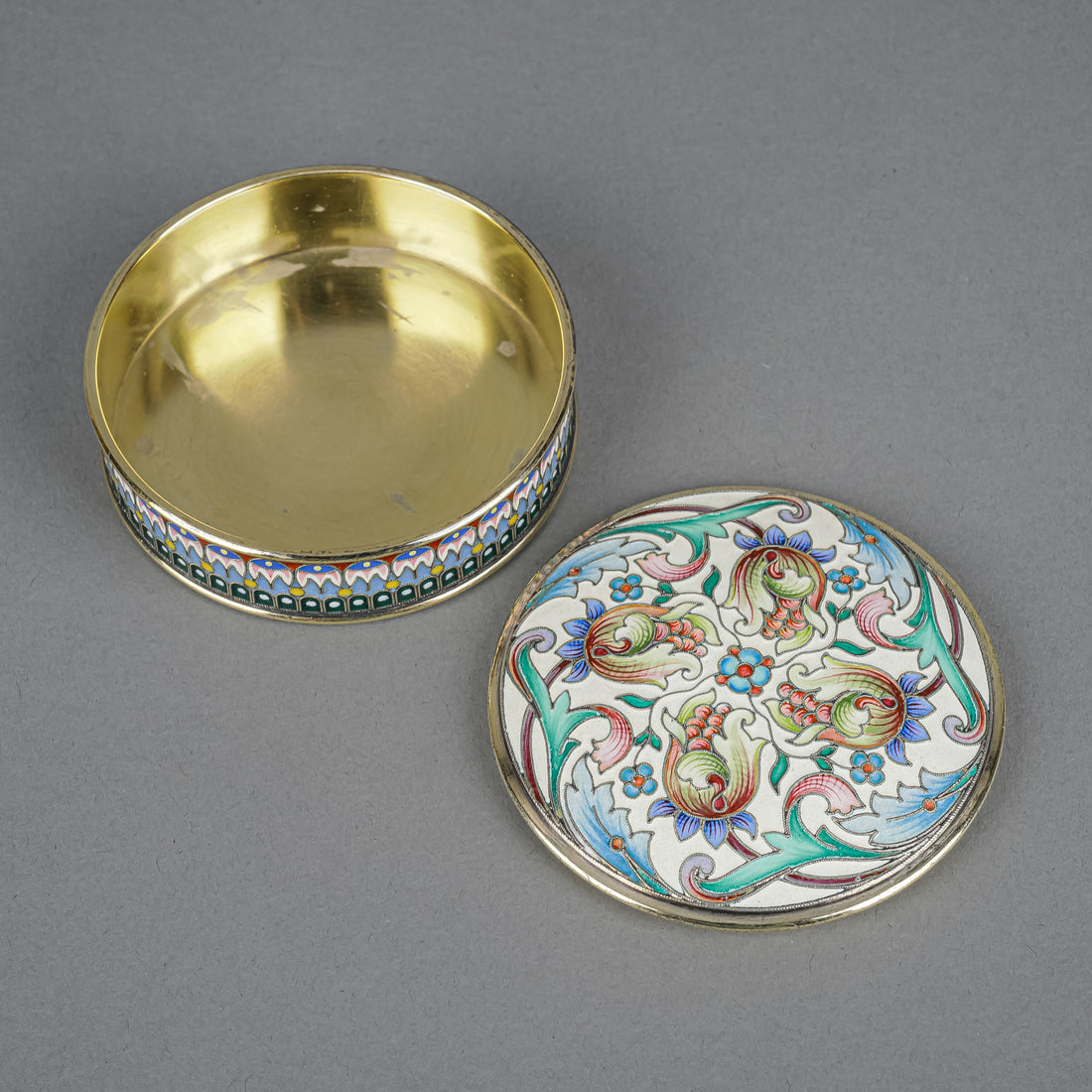 Russian Enamel Vermeil Sterling Round Covered Box