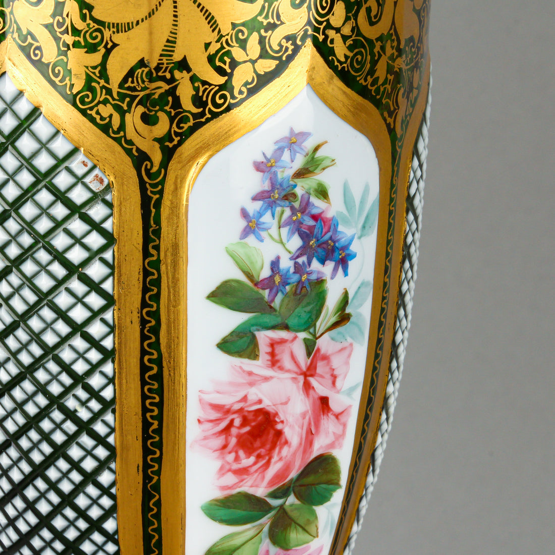 Bohemian Style Hand-Painted Floral on White Cased Green Crystal Vase