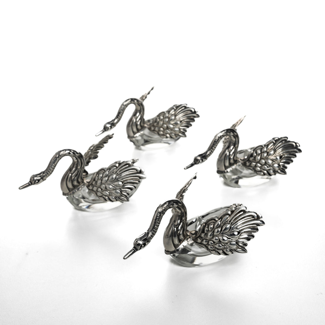BIRKS Sterling & Crystal Swan Salt Cellars & Spoons Set of 4
