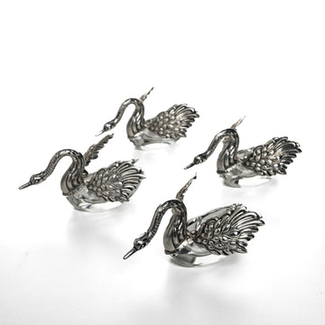 BIRKS Sterling & Crystal Swan Salt Cellars & Spoons Set of 4