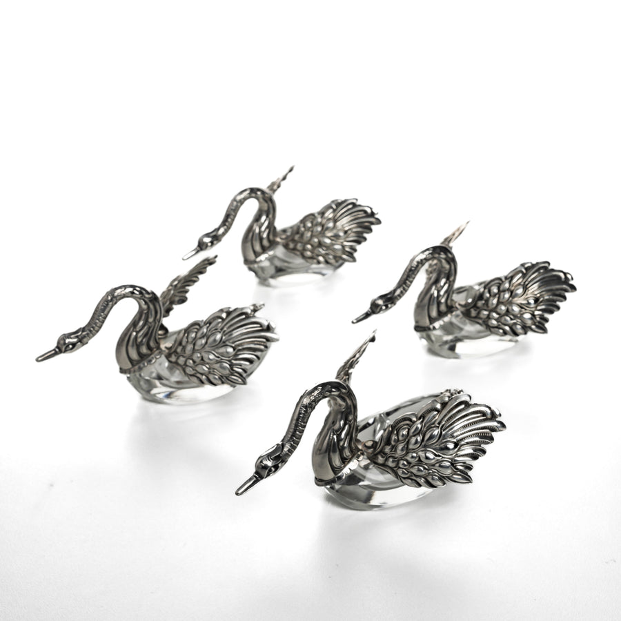 BIRKS Sterling & Crystal Swan Salt Cellars & Spoons Set of 4