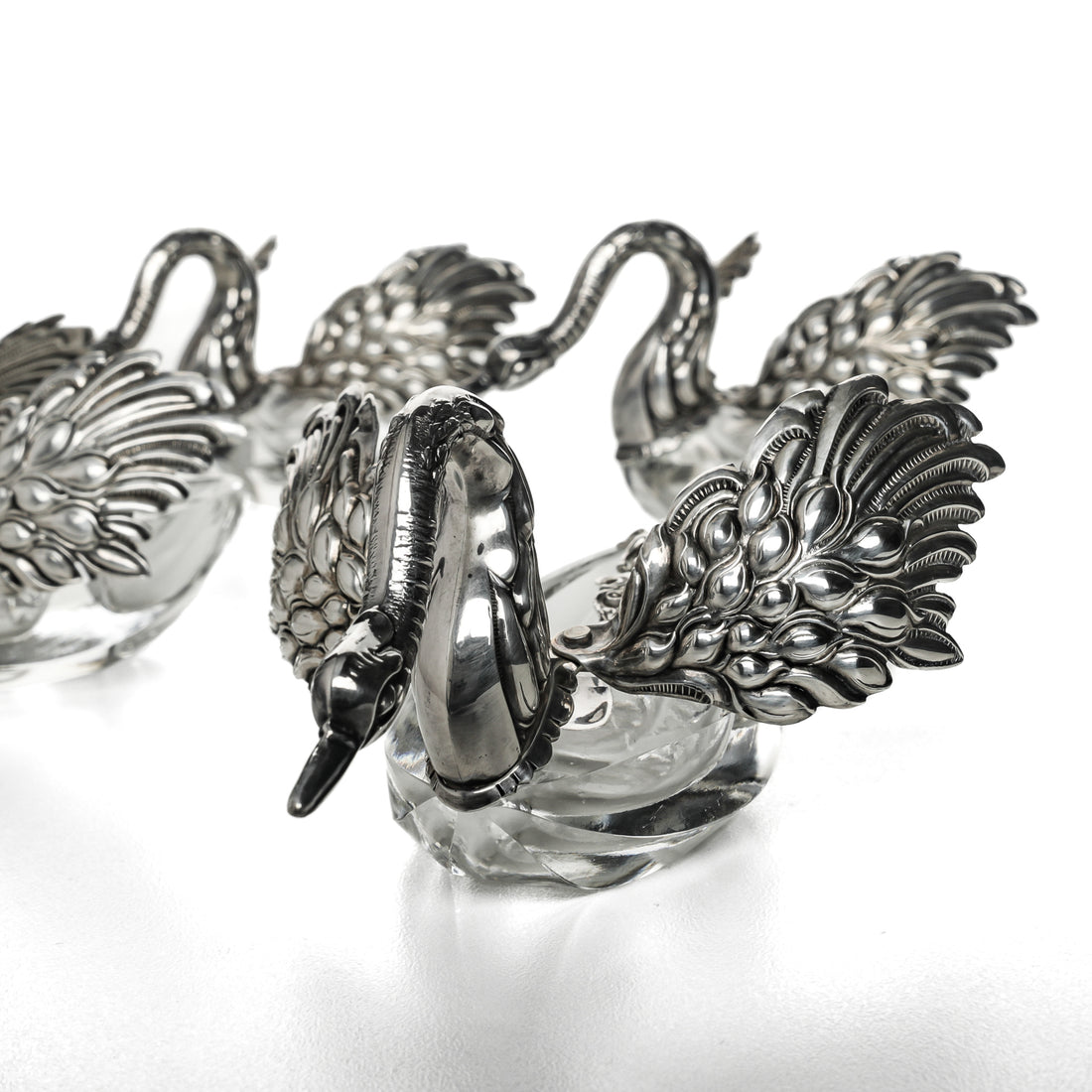 BIRKS Sterling & Crystal Swan Salt Cellars & Spoons Set of 4