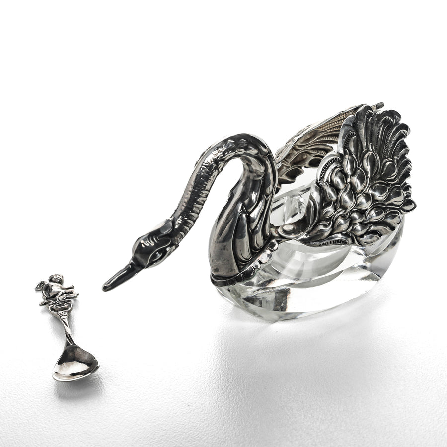 BIRKS Sterling & Crystal Swan Salt Cellars & Spoons Set of 4