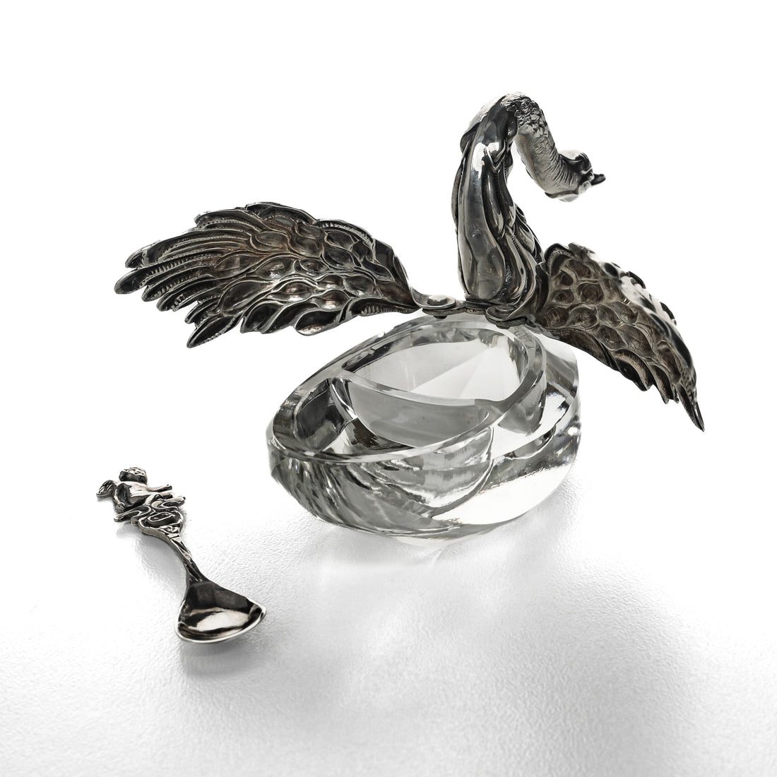 BIRKS Sterling & Crystal Swan Salt Cellars & Spoons Set of 4