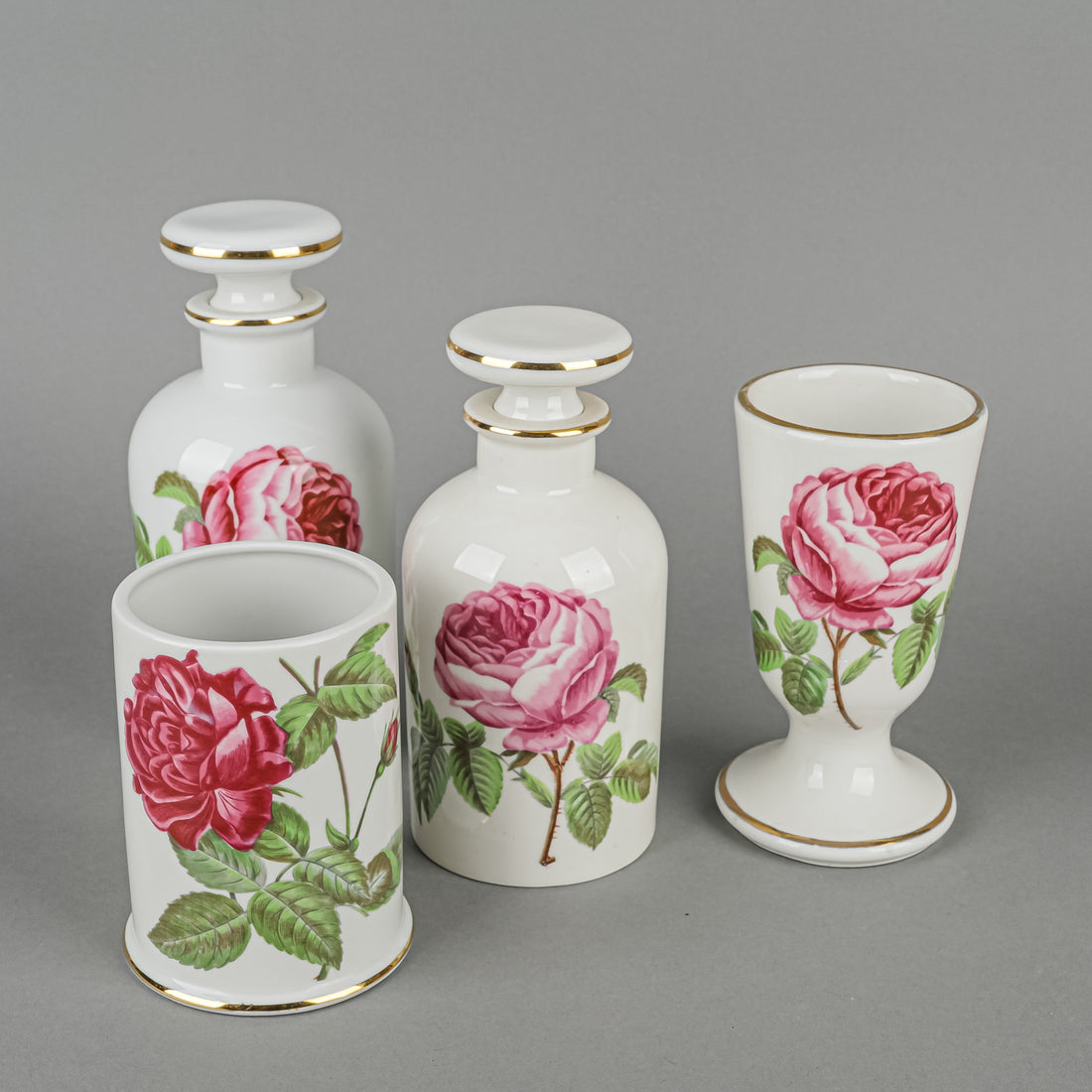 PORCELAINE DE FRANCE Rose Dresser/Vanity Set Of 4 With 6 Pieces