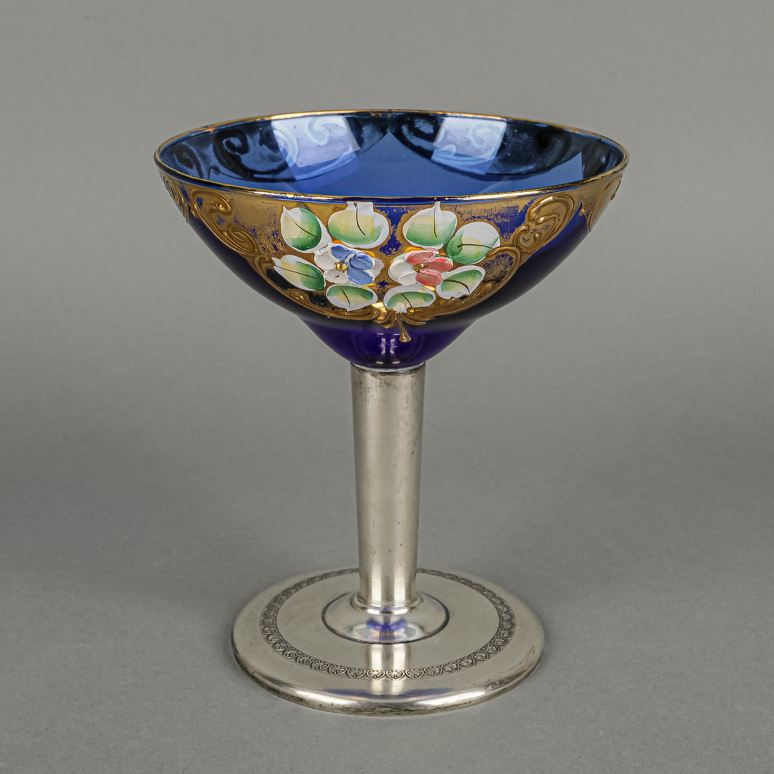 900 Silver Stemmed Crystal Hand Painted Enamel Coupe Champagne Glass