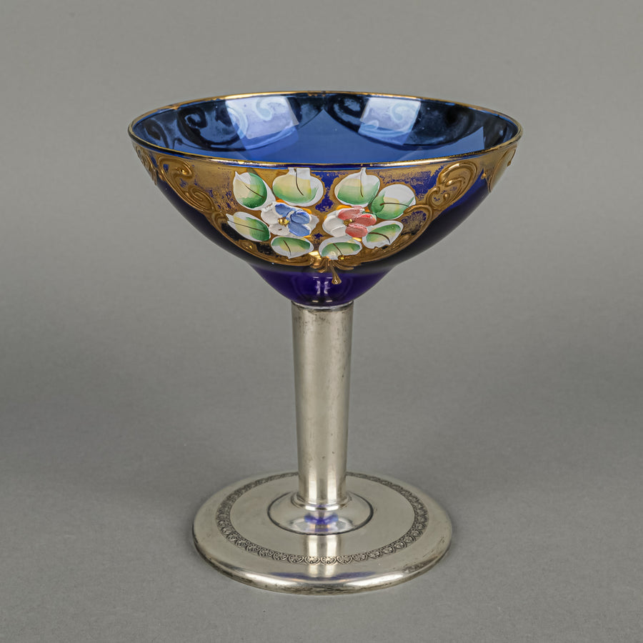 900 Silver Stemmed Crystal Hand Painted Enamel Coupe Champagne Glass