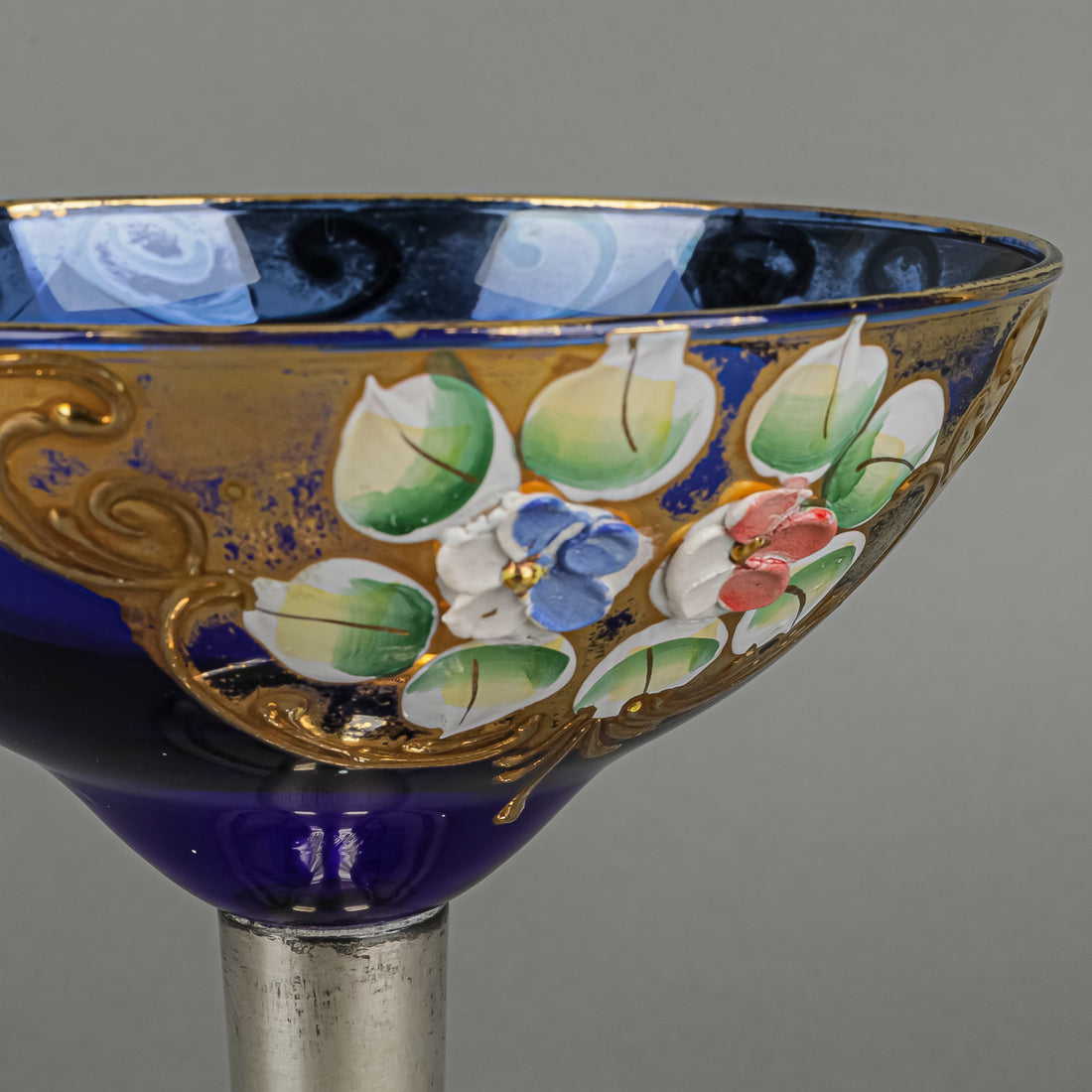 900 Silver Stemmed Crystal Hand Painted Enamel Coupe Champagne Glass