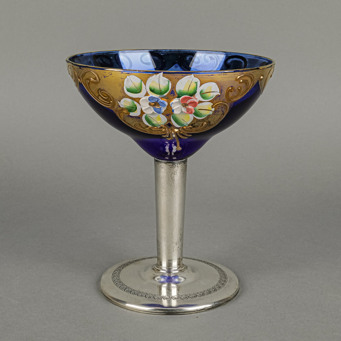 900 Silver Stemmed Crystal Hand Painted Enamel Coupe Champagne Glass