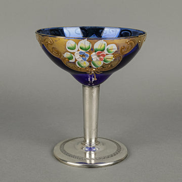 900 Silver Stemmed Crystal Hand Painted Enamel Coupe Champagne Glass