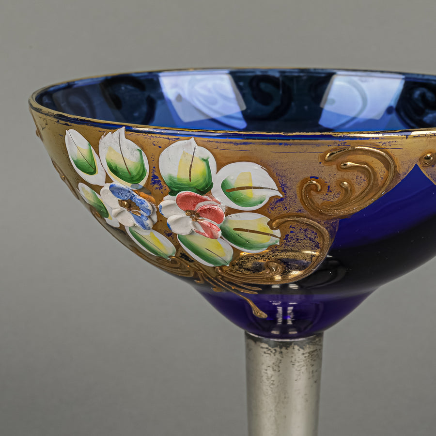 900 Silver Stemmed Crystal Hand Painted Enamel Coupe Champagne Glass