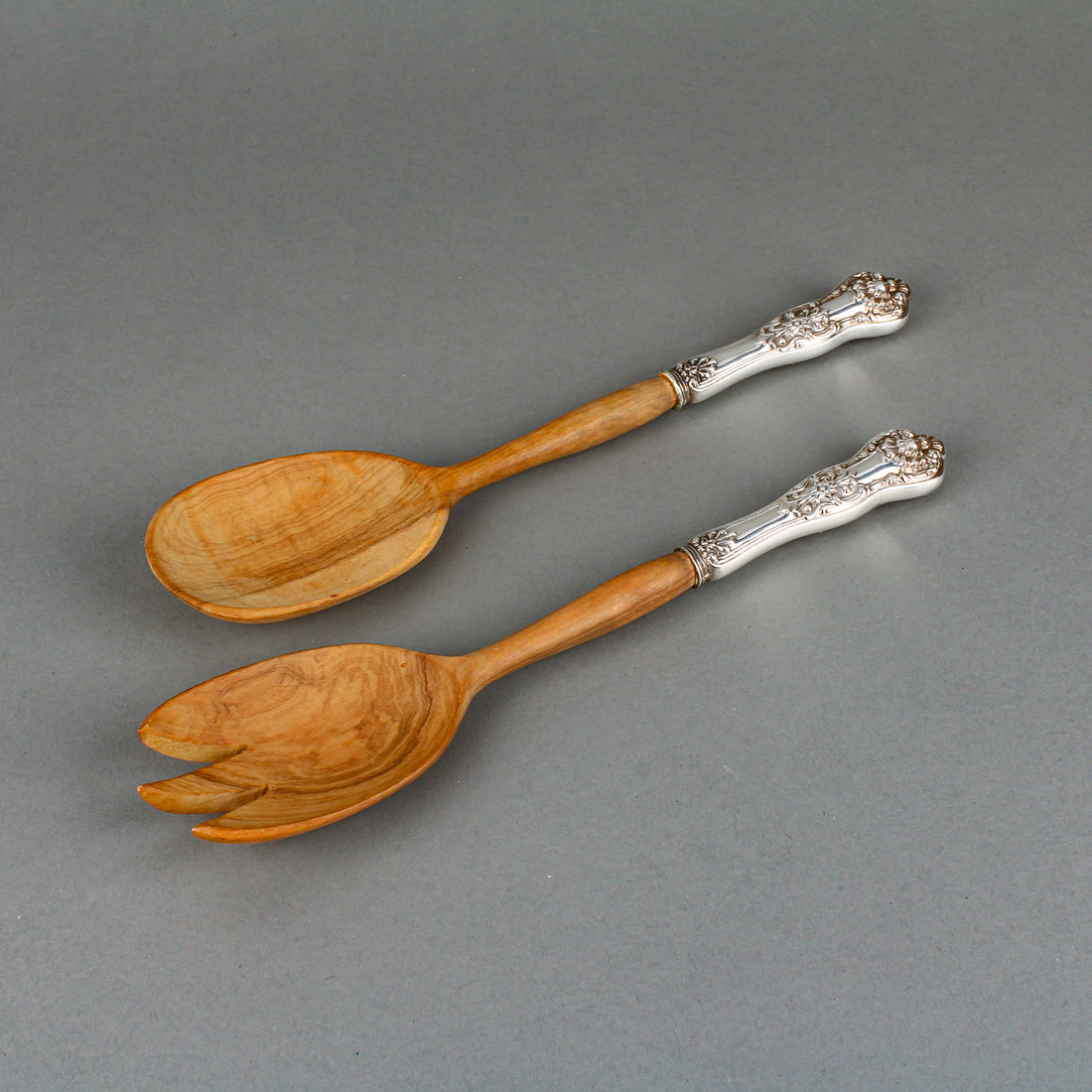 BIRKS Queens Sterling Silver Handle Wooden Salad Servers - Set of 2