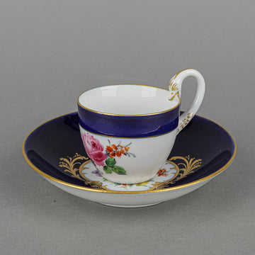 MEISSEN Cobalt Hand Painted Floral Demitasse w/Serpent Handle