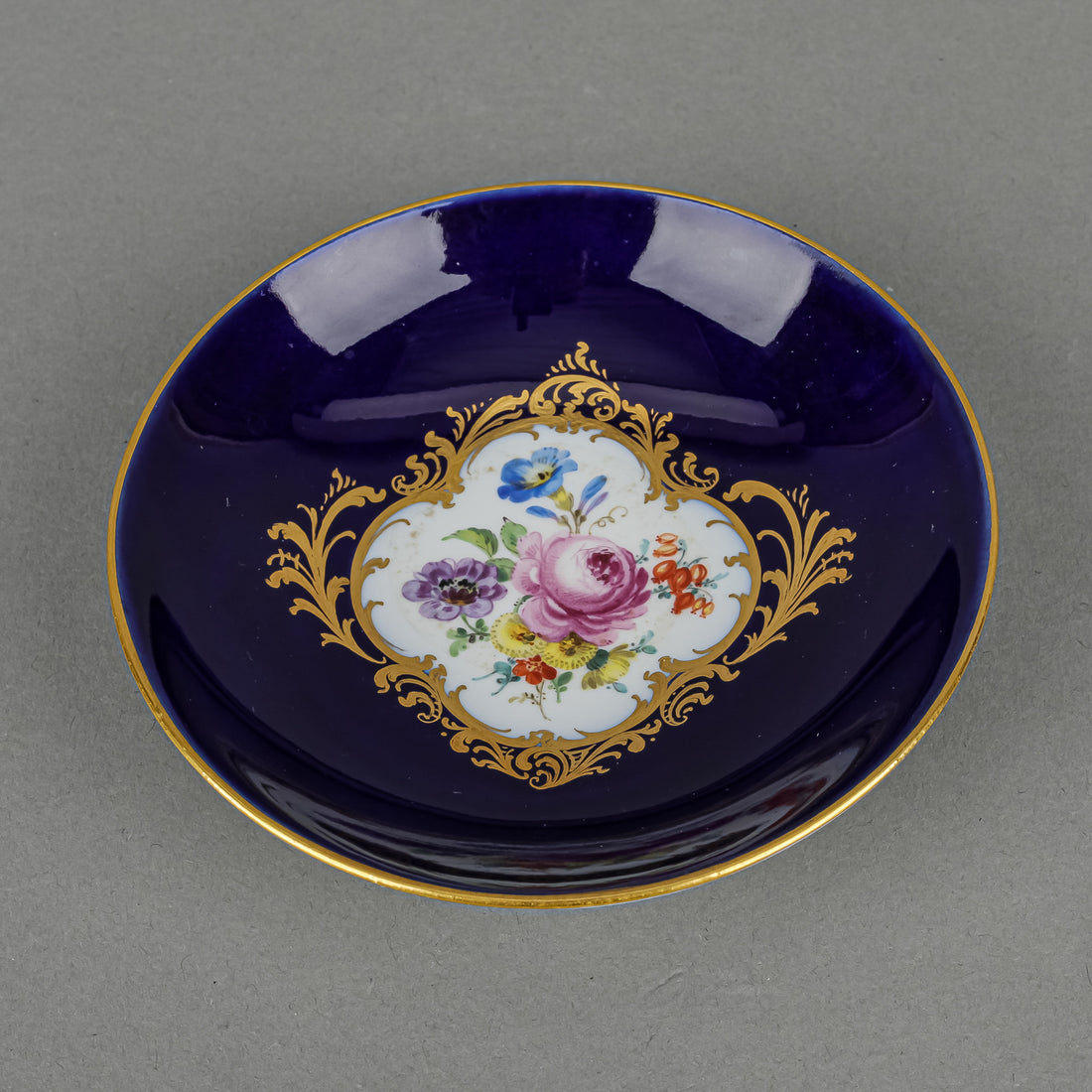 MEISSEN Cobalt Hand Painted Floral Demitasse w/Serpent Handle