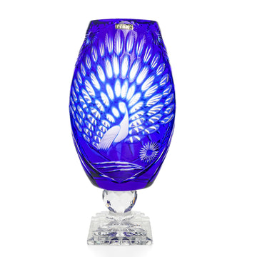 IRENA Poland Blue Cased Cut To Clear Peacock Footed Vase