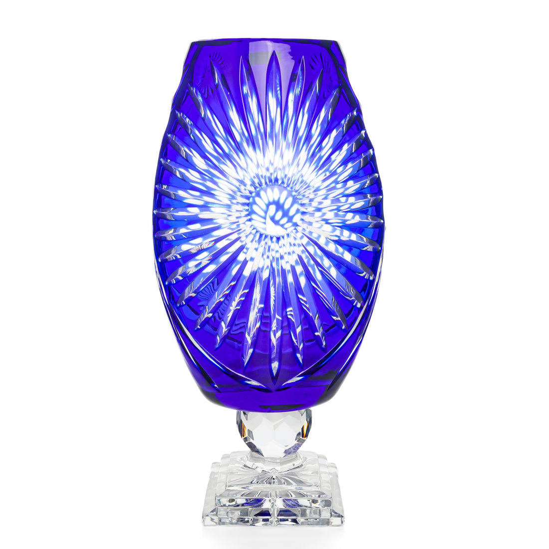 IRENA Poland Blue Cased Cut To Clear Peacock Footed Vase
