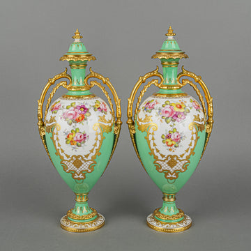 ROYAL CROWN DERBY 8421 Lidded Handled Vases 1492 Set of 2  c.1909