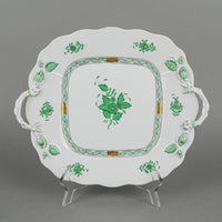 HEREND Chinese Bouquet Green Cake Plate w/Branch Handles 430