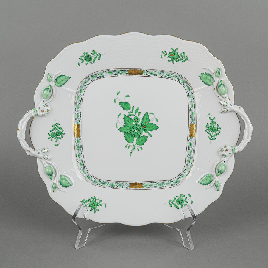 HEREND Chinese Bouquet Green Cake Plate w/Branch Handles 430