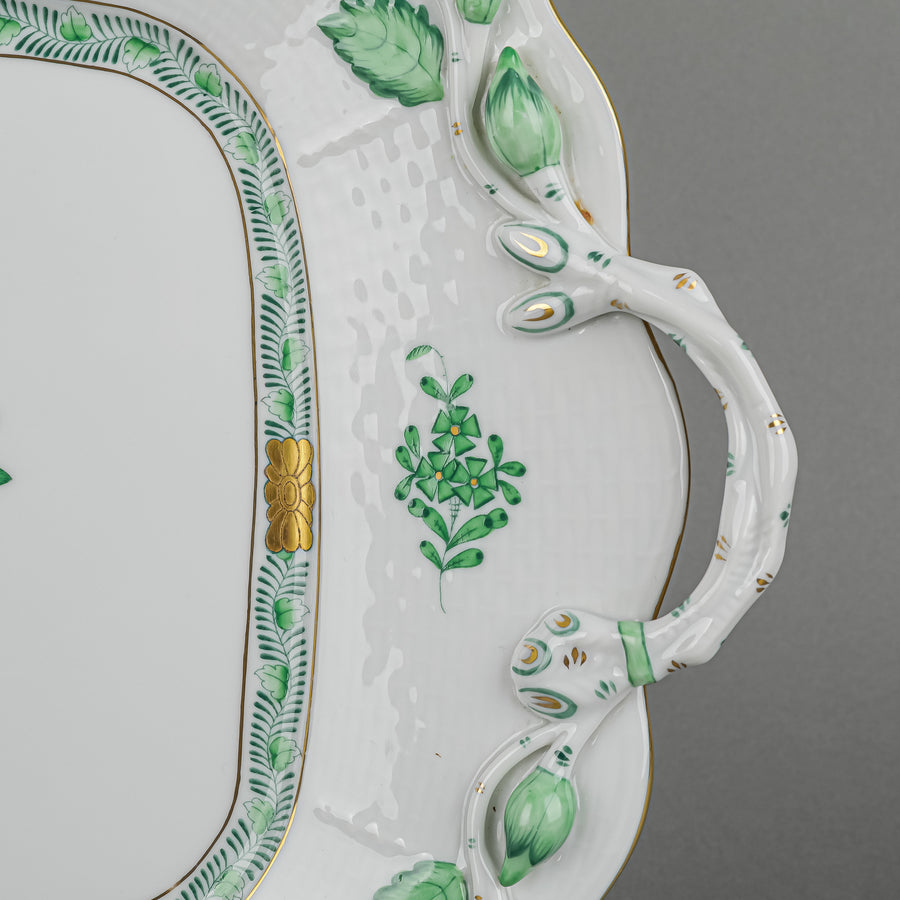 HEREND Chinese Bouquet Green Cake Plate w/Branch Handles 430
