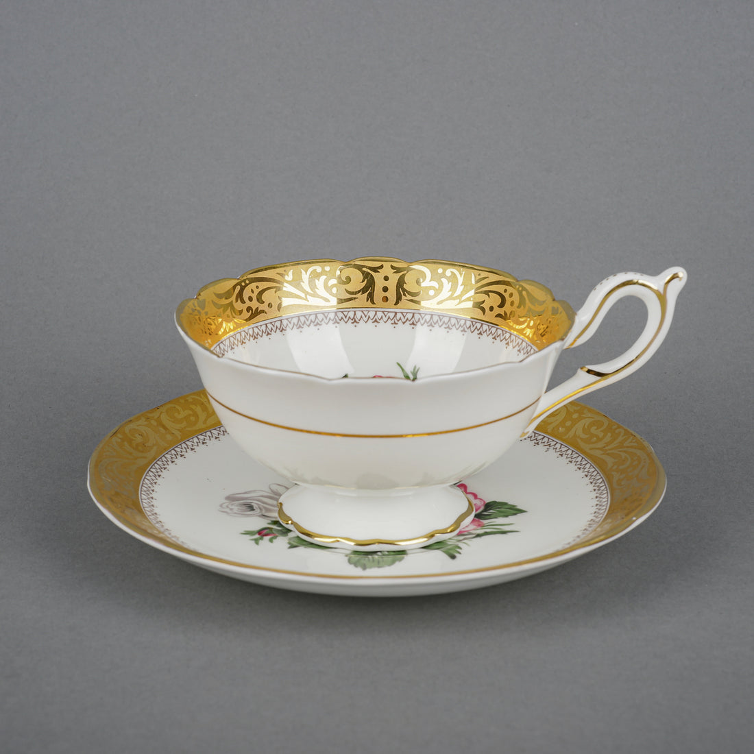 FOLEY Hand-Painted Cabbage Rose & Gold Trim Cup & Saucer