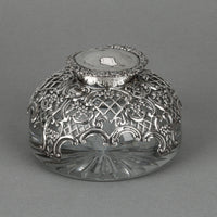 WILLIAM COMYNS & SONS Sterling Silver Fretwork Top Crystal Inkwell