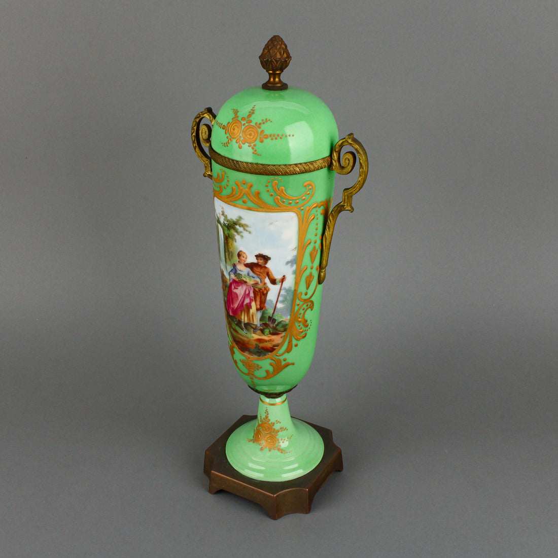 French Porcelain Lidded Vase with Brass Fittings