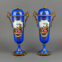 French Porcelain Lidded Vases with Brass Fittings - Set of 2