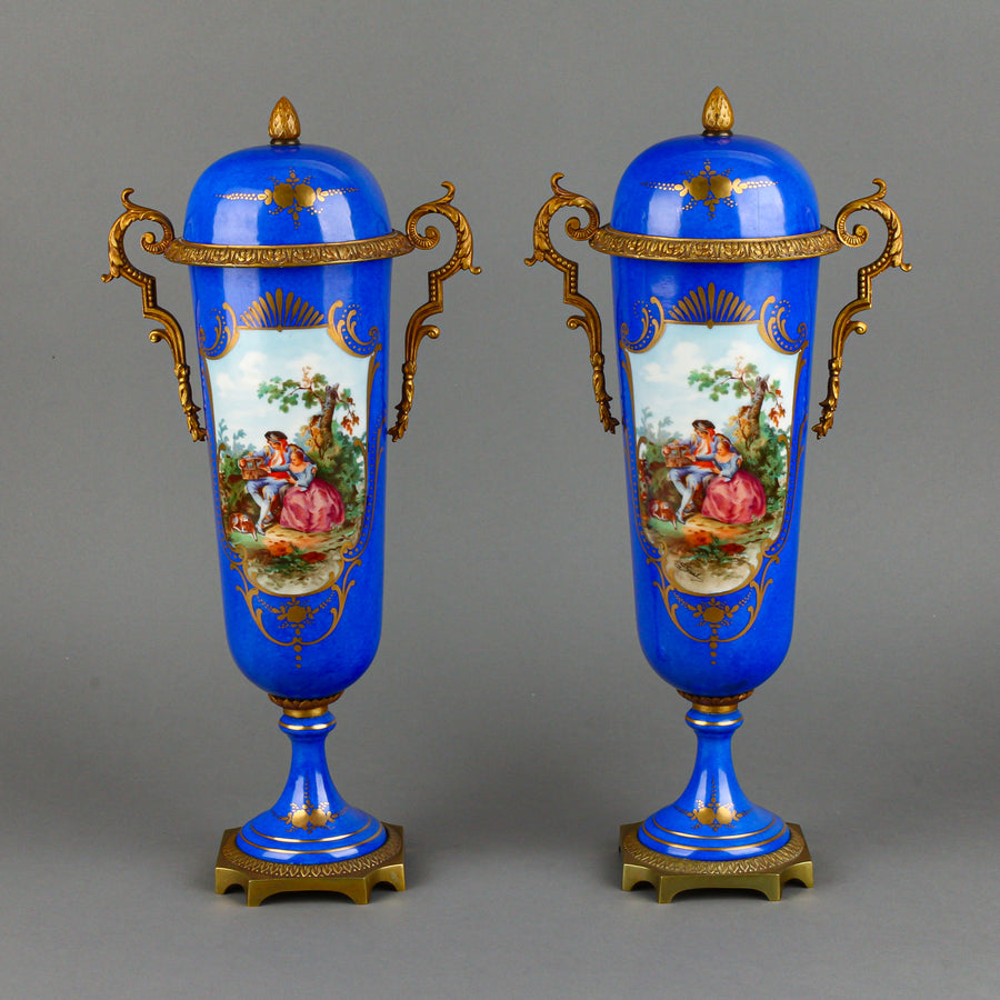 French Porcelain Lidded Vases with Brass Fittings - Set of 2