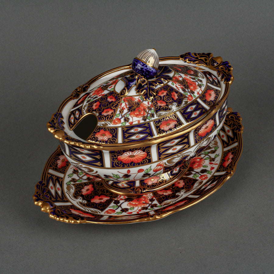 ROYAL CROWN DERBY Traditional Imari 2451 Oval Covered Saucier with Underplate