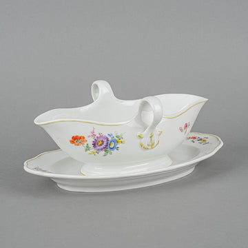 MEISSEN Floral On White Gravy Boat w/Fixed Saucer