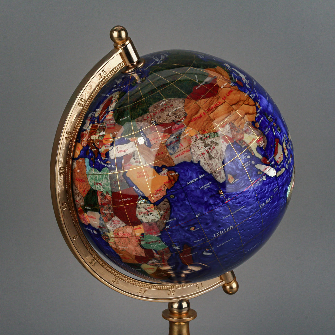 Gemstone Globe on Brass Stand