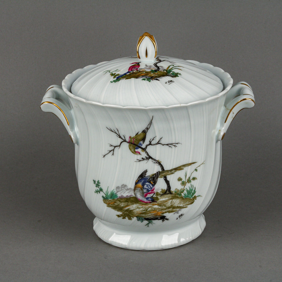 L. BERNARDAUD Christofle Hand-Painted Bird Lidded Porcelain Ice Bucket