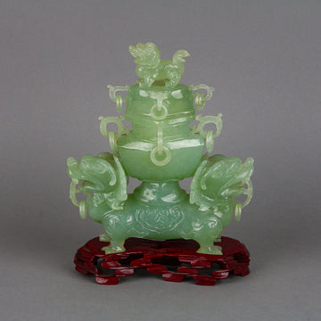 Asian Carved Jade Lidded Incense Burner & Stand
