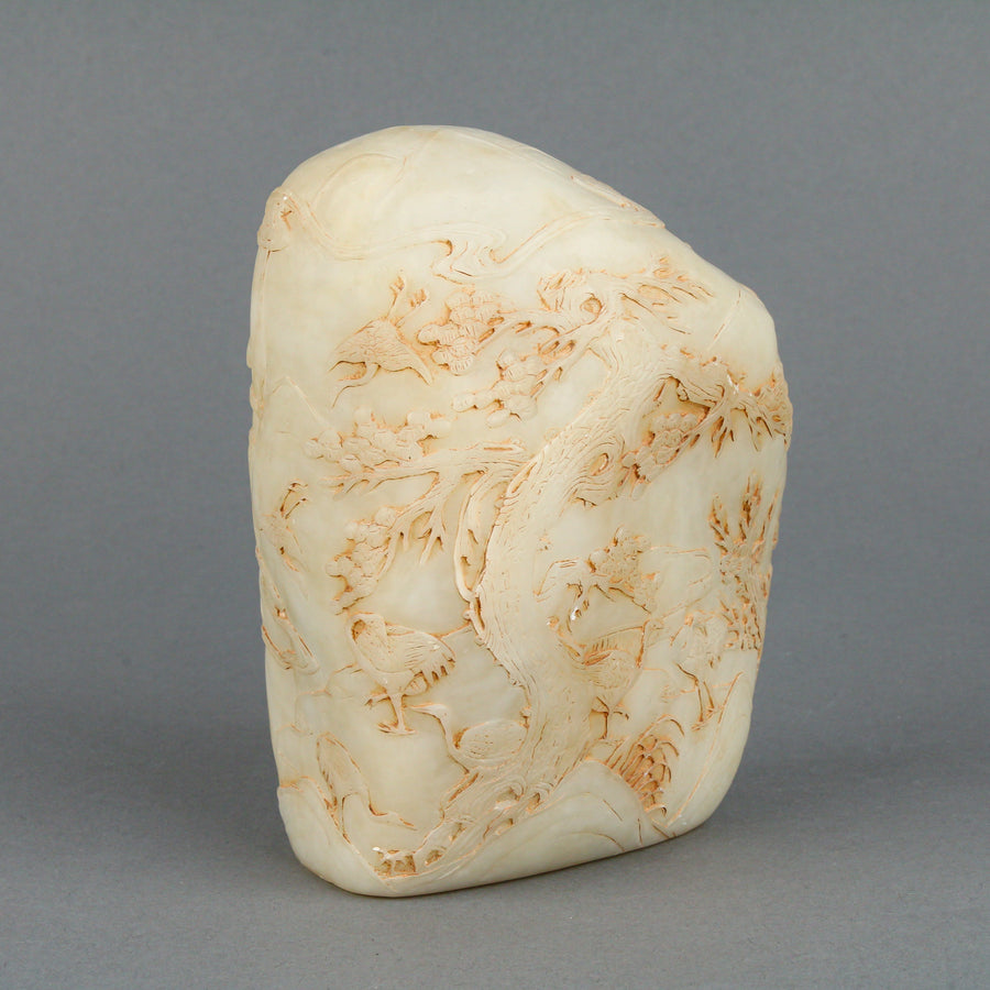 Asian Mutton Fat Jade Carving - Cranes Among Trees