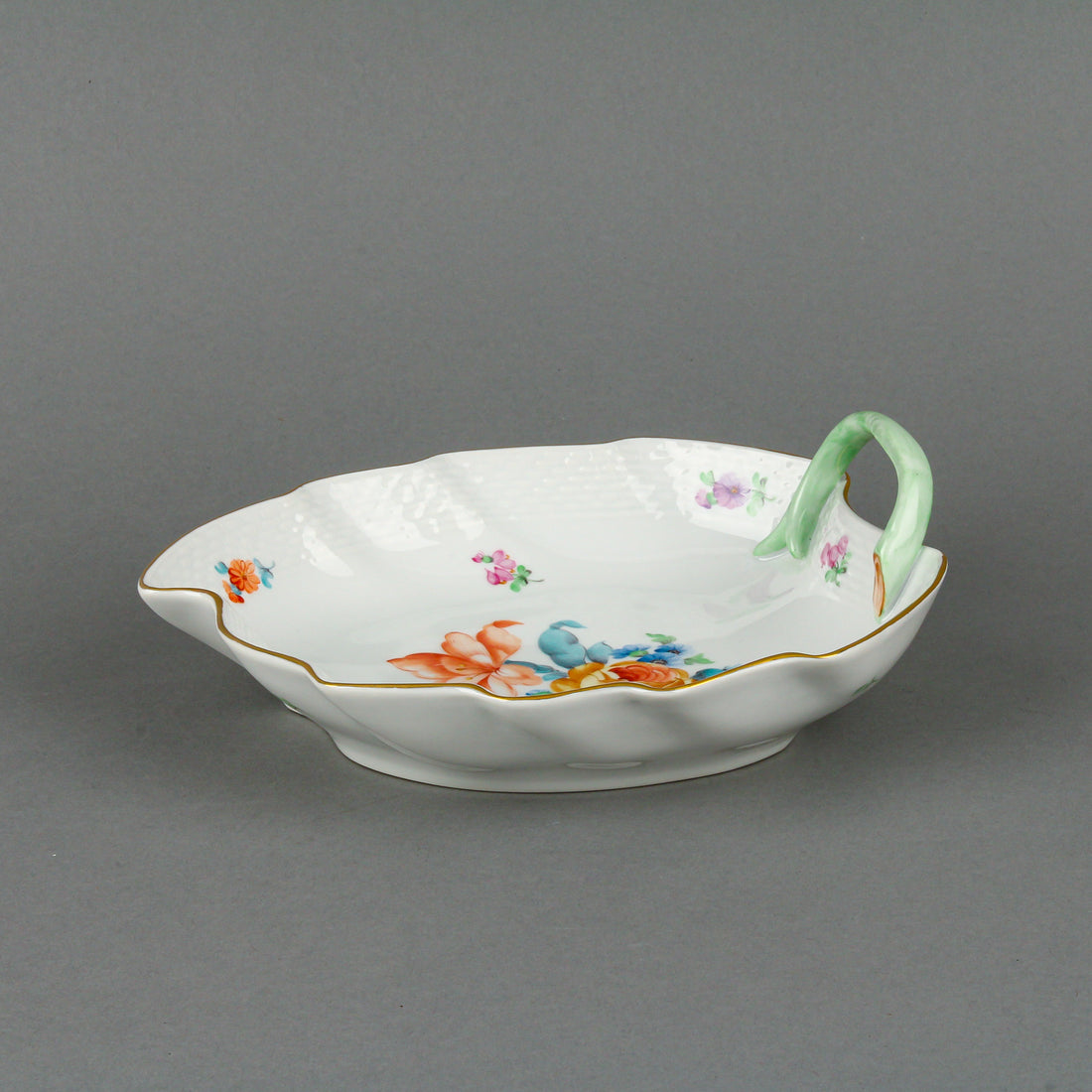 HEREND Floral Leaf Dish with Branch Handle