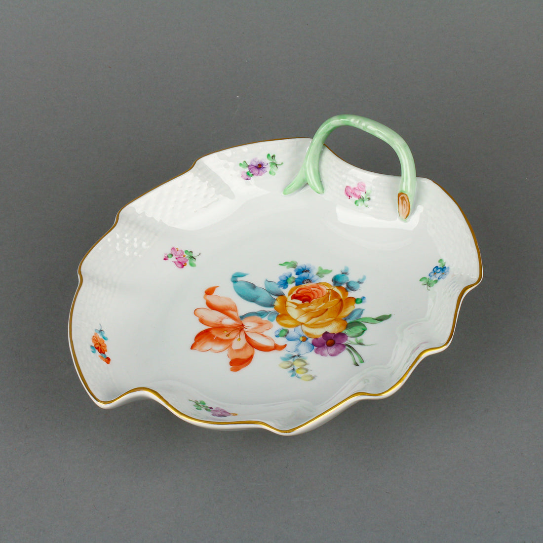 HEREND Floral Leaf Dish with Branch Handle