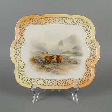 ROYAL WORCESTER John Stinton Hand-Painted Highland Cattle Pierced Cabinet Plate