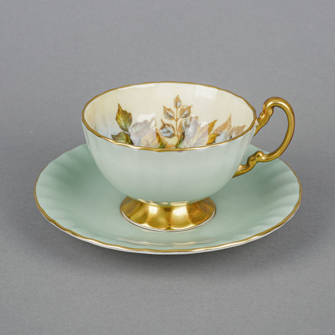 AYNSLEY J. A. Bailey Cabbage Rose, Sage Ground Cup & Saucer