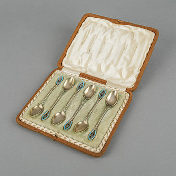 English 925 Gilt & Enamelled Coffee Spoons Set of 6