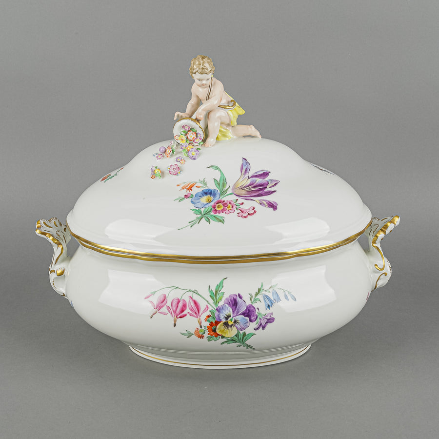 MEISSEN Hand Painted Floral Oval Tureen w/Putti Knob Lid