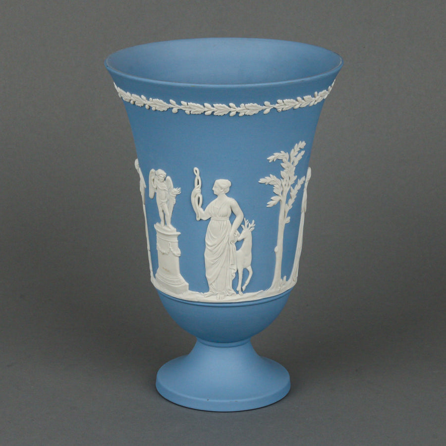 WEDGWOOD White on Blue Jasperware Footed Vase