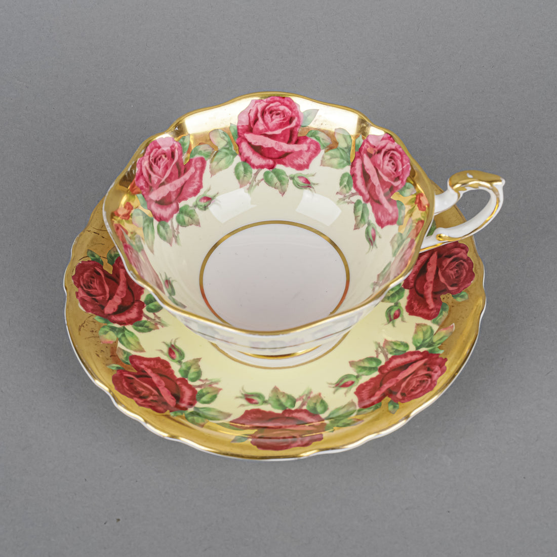 PARAGON Red Roses, Gold & Ivory Band Cup & Saucer A1437