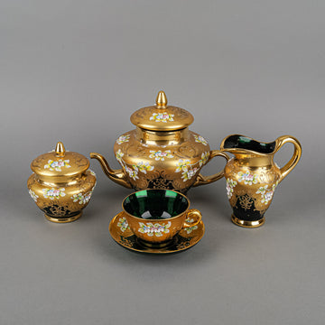 Bohemian Style Hand-Painted Enamel & Gold Green Glass Tea Set